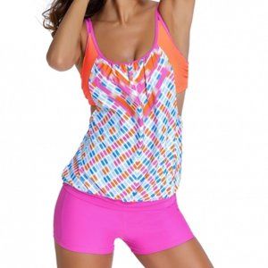 S9903 Printed Layered-Style Rosy Tankini with Swim